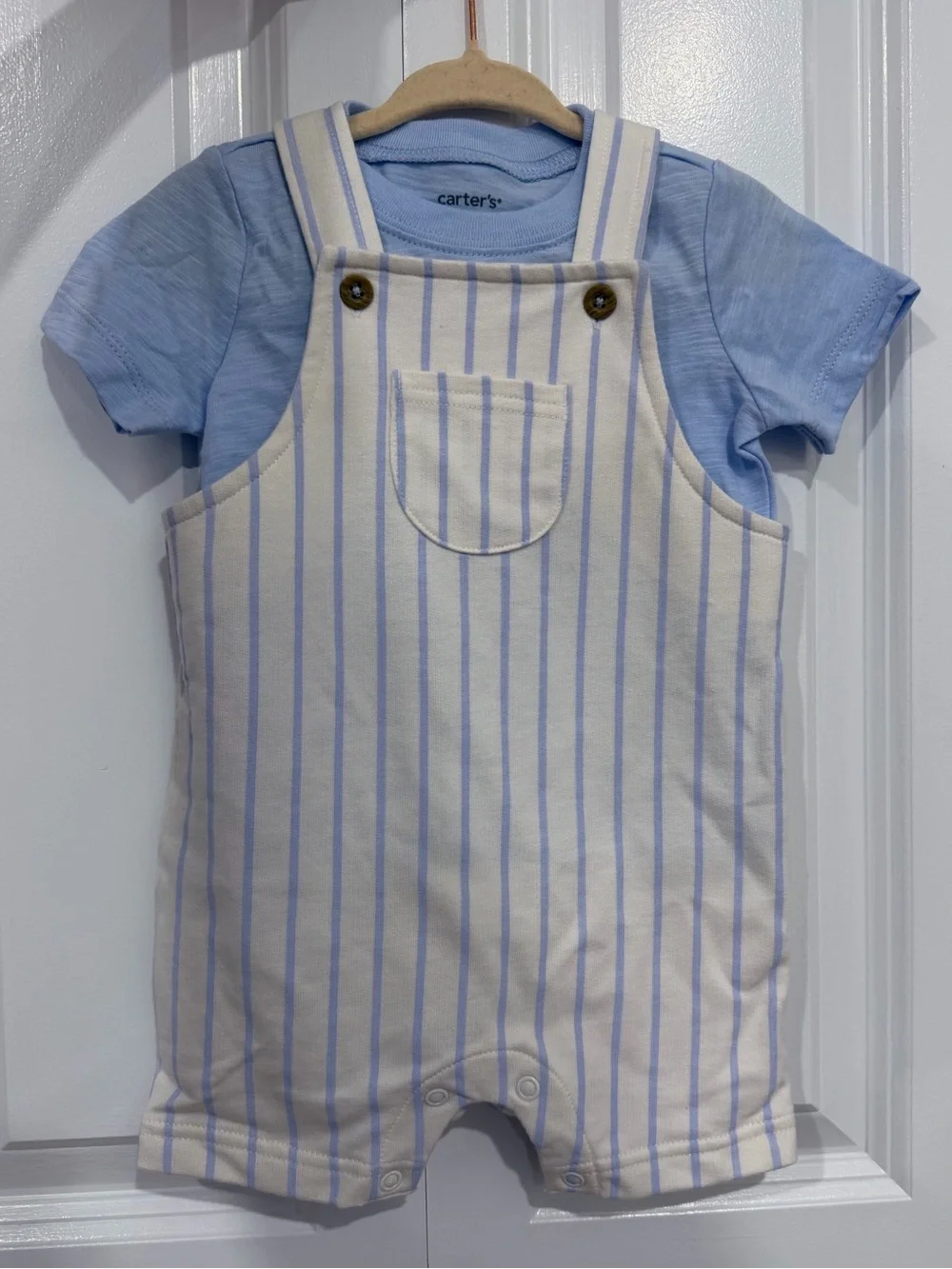 Carter's 3 pc Cream and Light Blue Striped Overall Set